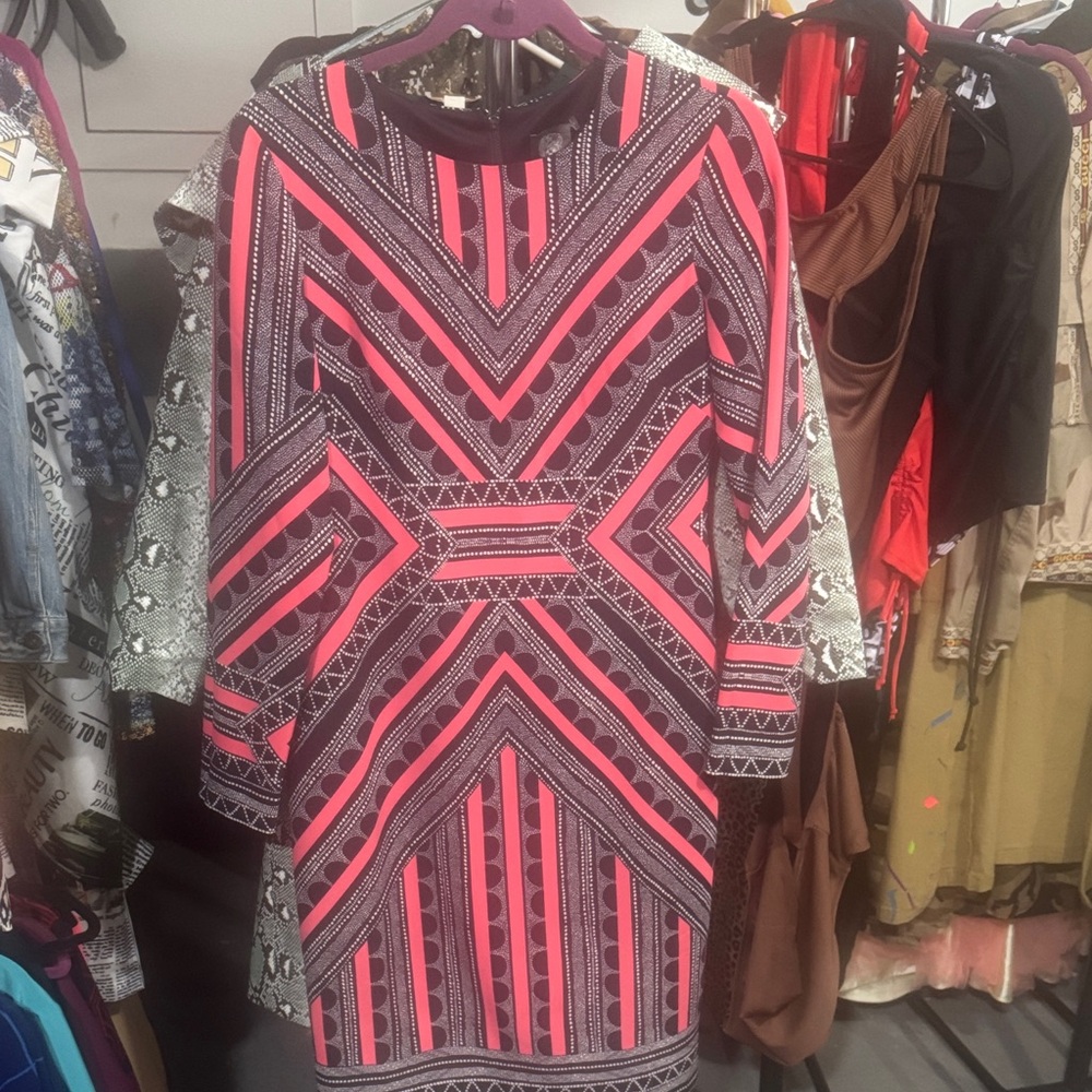 Geometric Patterned Pink and Black Dress